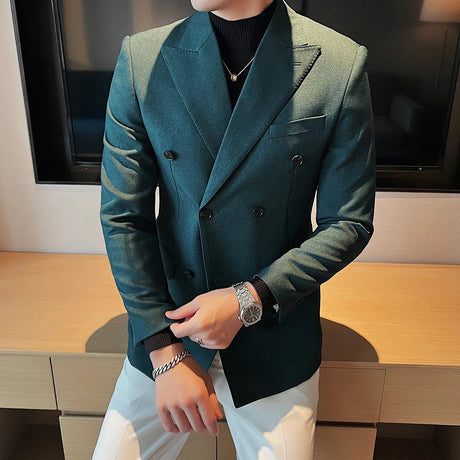 2022 Fashion Double Breasted Suit Jacket Slim Fit Men's Formal Brand Khaki Green Black Blazers Men Wedding Social Party Clothing