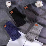 Men Winter Fingerless Gloves Half Finger Writting Office Knitted Alpaca Wool Warm Leather Label Thick Elastic Driving Gloves