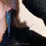 Exaggerated Blue Rhinestone Crystal Geometric Flower Long Tassel Earrings for Women Cool Drop Dangling Earring Party Jewelry