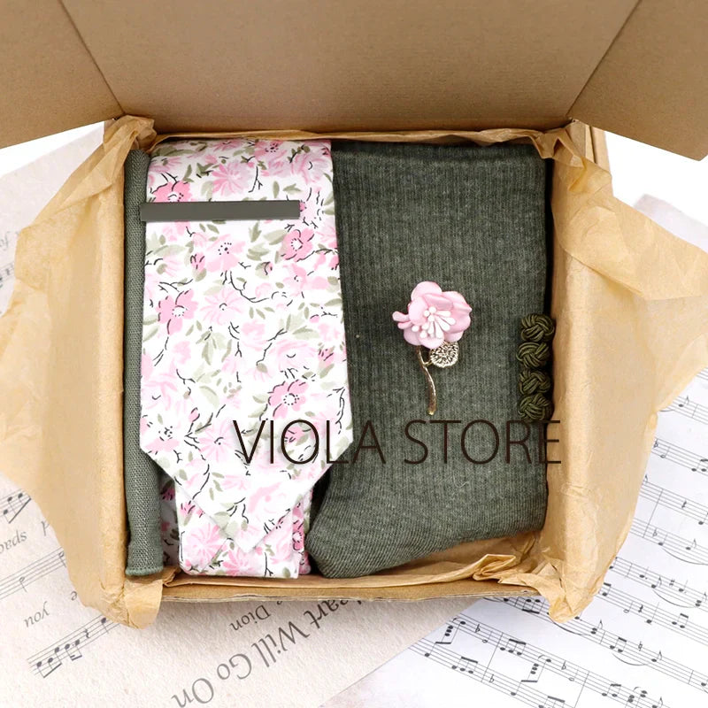 Viola Design 6PCS Gift Box Floral Solid Cotton Sock Tie Sets Clip Pin Cufflinks Hankie Men Wedding Party Daily Cravat Accessory