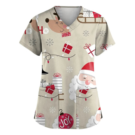 Christmas Cartoon print spa uniform beauty salon Pet shop uniform Fashion Slim Fit top scrub clothes women scrubs lab coat