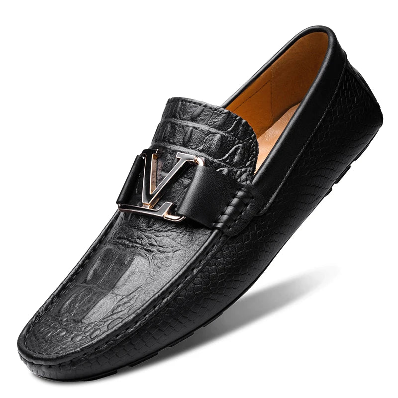 100% Genuine Leather Shoes Crocodile Pattern Men's Loafers Flats Office Moccasins Driving Wedding Business Buckle Strap Slip on