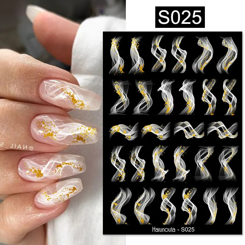 Purple Marble Nails Stickers Smoke Design Manicure Decals Golden Wave Lines Nail Slider Blooming Ink Sticker