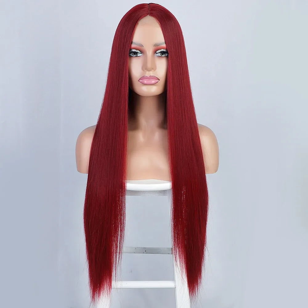 Peach Long Straight Red Pink Natural Hairline Wig For Fashion Ladies Heat Resistant Synthetic lace Wigs cosplay glueless wig