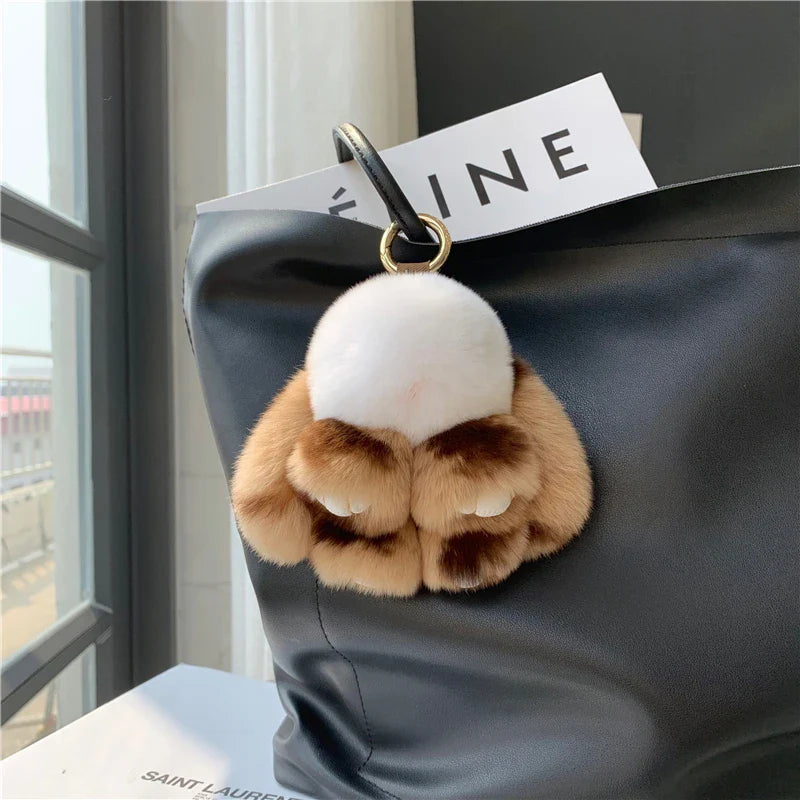 Plush Toy Bunny Real Natural Rex Rabbit Fur Keychain Women Bag Charm Ornaments Schoolbag Pendant Car Keyring Trinkets Kids Gift