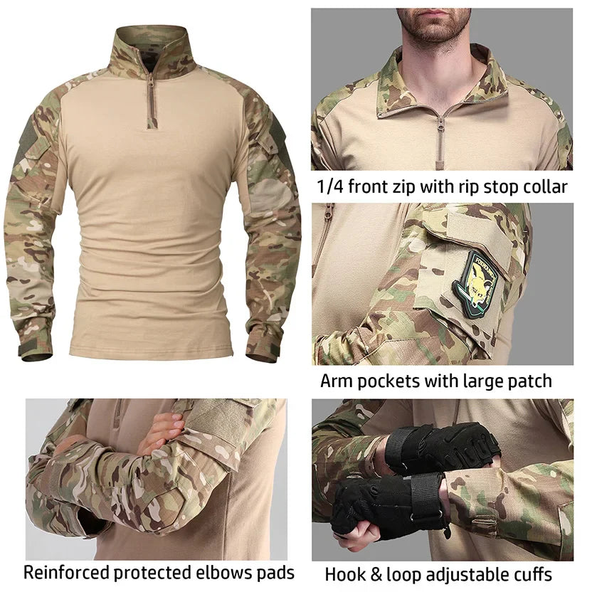 Men's Camouflage Tactical Shirt Long Sleeve Soldiers Army Combat T Shirt Cotton Camo Military Uniform Airsoft Shirts