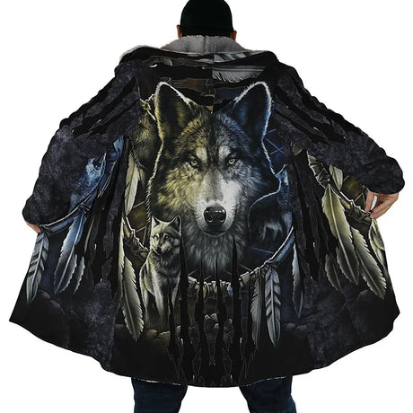 Men's Winter Jacket Wolf 3D Print Thick Warm Zipped Hoodie Male Coat Cape Robe Overcoat Parkas Invierno Hombre Blanket 2024