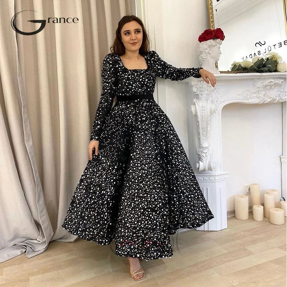 Black Square Collar Seuqined Moroccan Caftan Evening Dresses for Women Dance Full Sleeve A Line Ankle Length Prom Gowns Summer