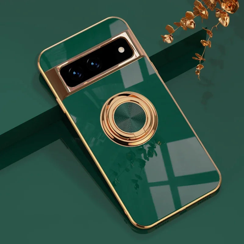 Luxury Plating Silicone Shockproof Phone Case For Google Pixel 8 8A 7 Pro 7A 6A Metal Ring Magnetic Holder Stand Soft Back Cover