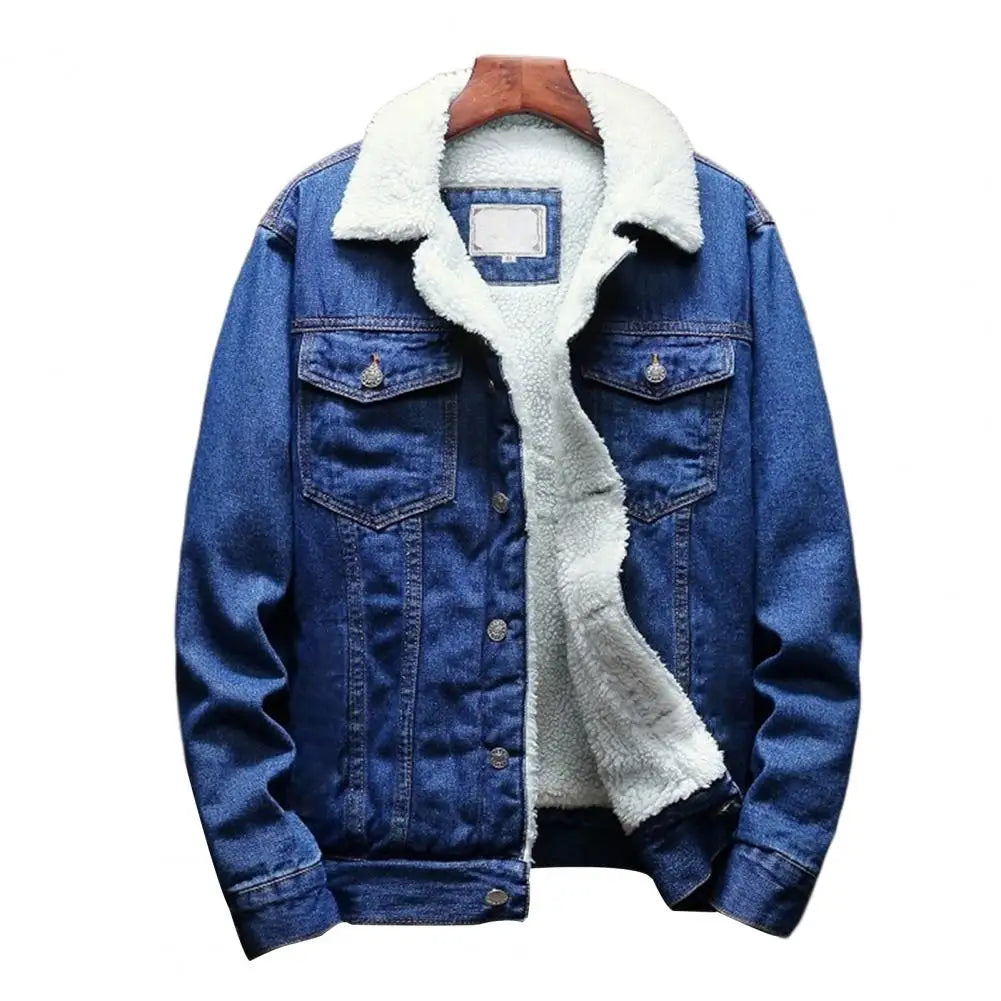 Men Jean Jacket Thicken Lamb Cashmere Lining Solid Color Coldproof Outerwear Winter Single Breasted Denim Coat Streetwear