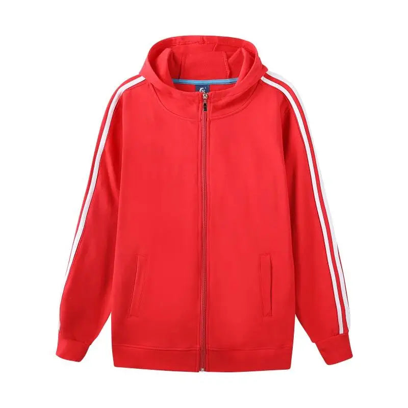 Red Black Grey Color Zip Up Hoodies 95% Cotton 5% Spandex Knitted Jacket with Hood Three White Straps Lines  on Sleeves Uniforms