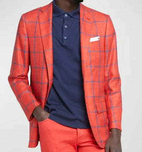 New Men's Red Color Plaid Long Sleeves  Casual Cotton  Line Fashion Dreaa Formal Slim Fit One  Button Suit Jacket Coat43.99