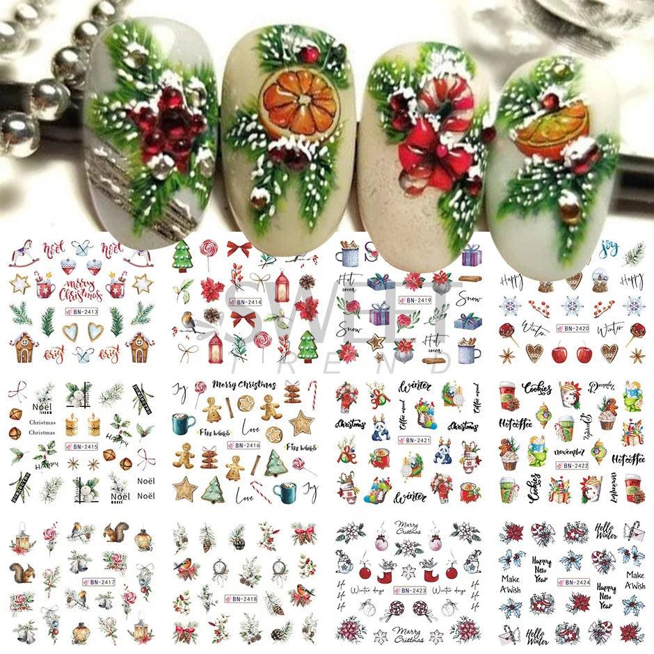 12pcs Hedgehog Animal Nail Water Stickers Pine Cones Gold Fall Design Watercolor Winter Manicure Transfer Sliders JIBN1681-1692