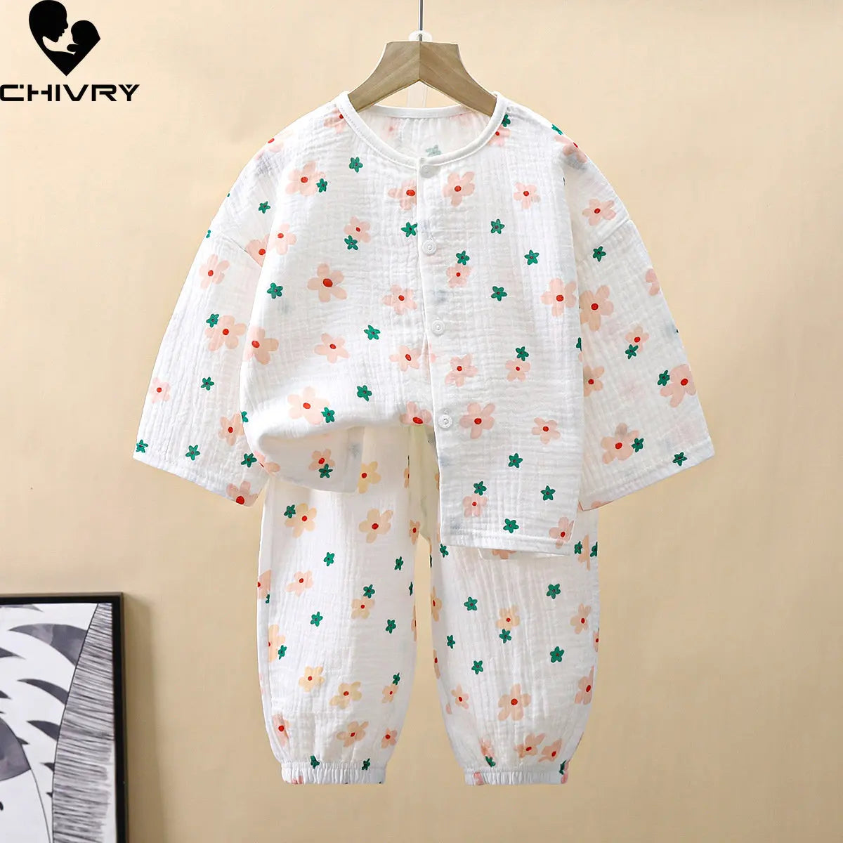 Kids Summer Thin Pajamas Sets New 2023 Boys Girls Cartoon Three-quarter Sleeve Cotton Yarn Shirt Tops with Pants Baby Loungewear