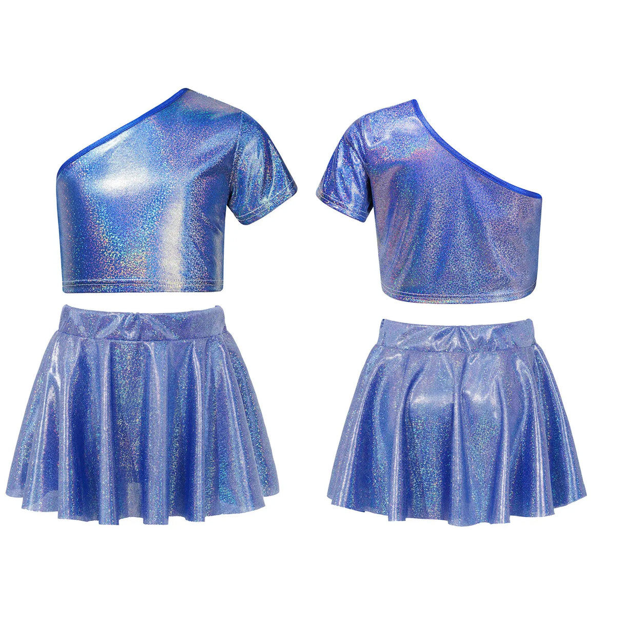 Kids Girls Street Hip Hop Dance Costumes Cheerleading Outfit Metallic Shiny One Shoulder Crop Top with Skirt Set Girl Dance Wear