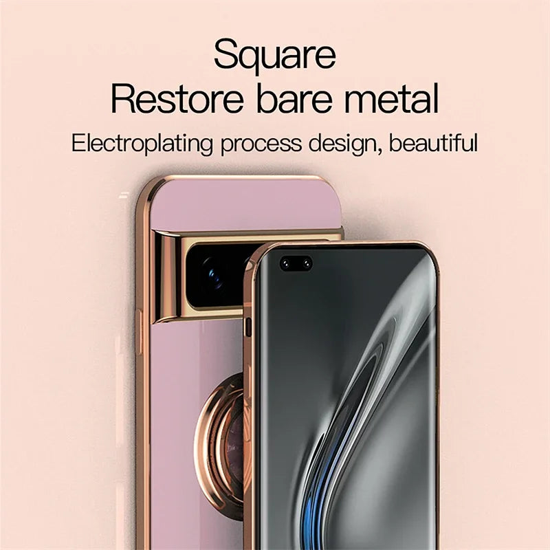 Luxury Plating Silicone Shockproof Phone Case For Google Pixel 8 8A 7 Pro 7A 6A Metal Ring Magnetic Holder Stand Soft Back Cover