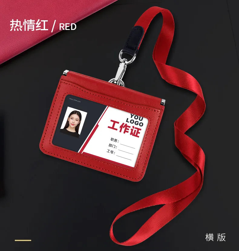 High Quality Genuine Leather ID Badge Holder Access Control Card Holders with Neck Lanyard Office Worker Magnet Hasp Campus Card