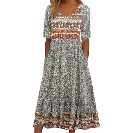 2023 Vintage Boho Stripe Print Women Sundress Summer Fashion V-Neck Short Sleeve Dress Elegant Ladies Midi Dress Femme Vestidos