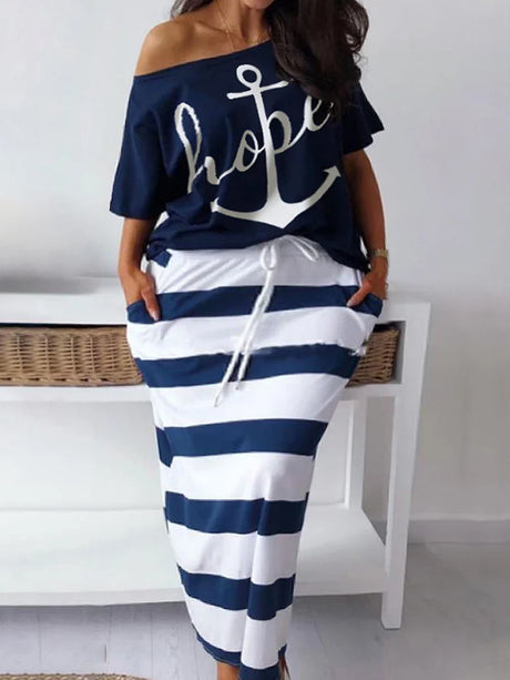 LW Plus Size matching sets Two Piece dress sets Letter Print Striped Skirt Set Fashion Casual Summer Tops+Bottoms Matching Outfi