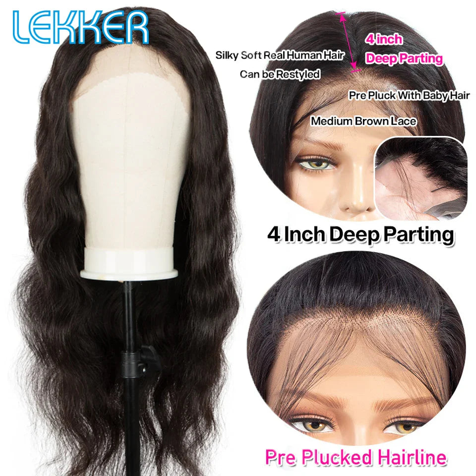 Lekker Wavy 13x1 T Part Lace Front Human Hair Wig For Women Glueless Bob Brazilian Remy Hair 30inch Body Wave Middle Part Wigs