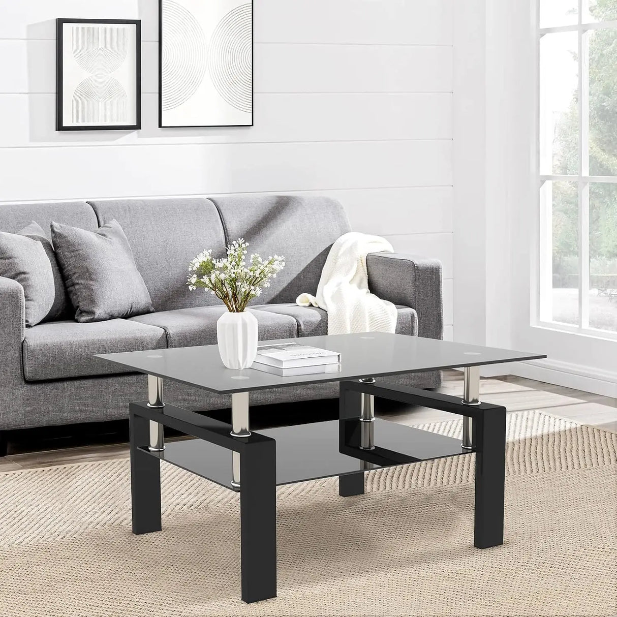 Rectangle Glass Coffee Table-Modern Center Side Coffee Table with Lower Shelf Black Metal Legs-Suit for Living Room (Black)