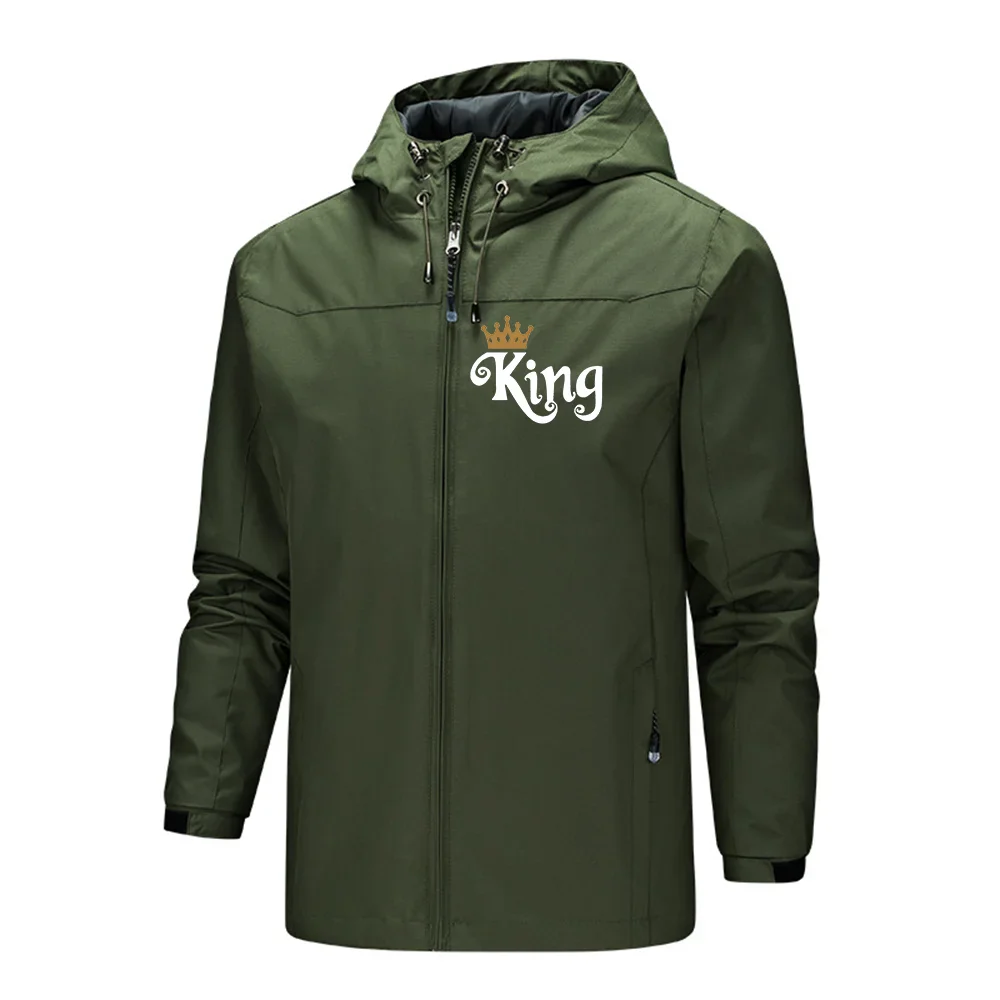 Hot Sale King Logo Printed Men's Lightweight Hooded Zipper Waterproof  Solid Color Fashionable Men's Outdoor Jacket