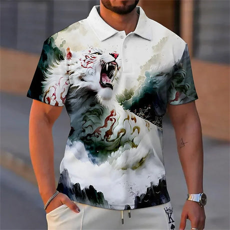 Animal Men Polo 3d Tiger&Lion Printed Ferocious Beast Men’S Clothing Summer Casual Short Sleeve Loose Oversize Shirts Senior Top