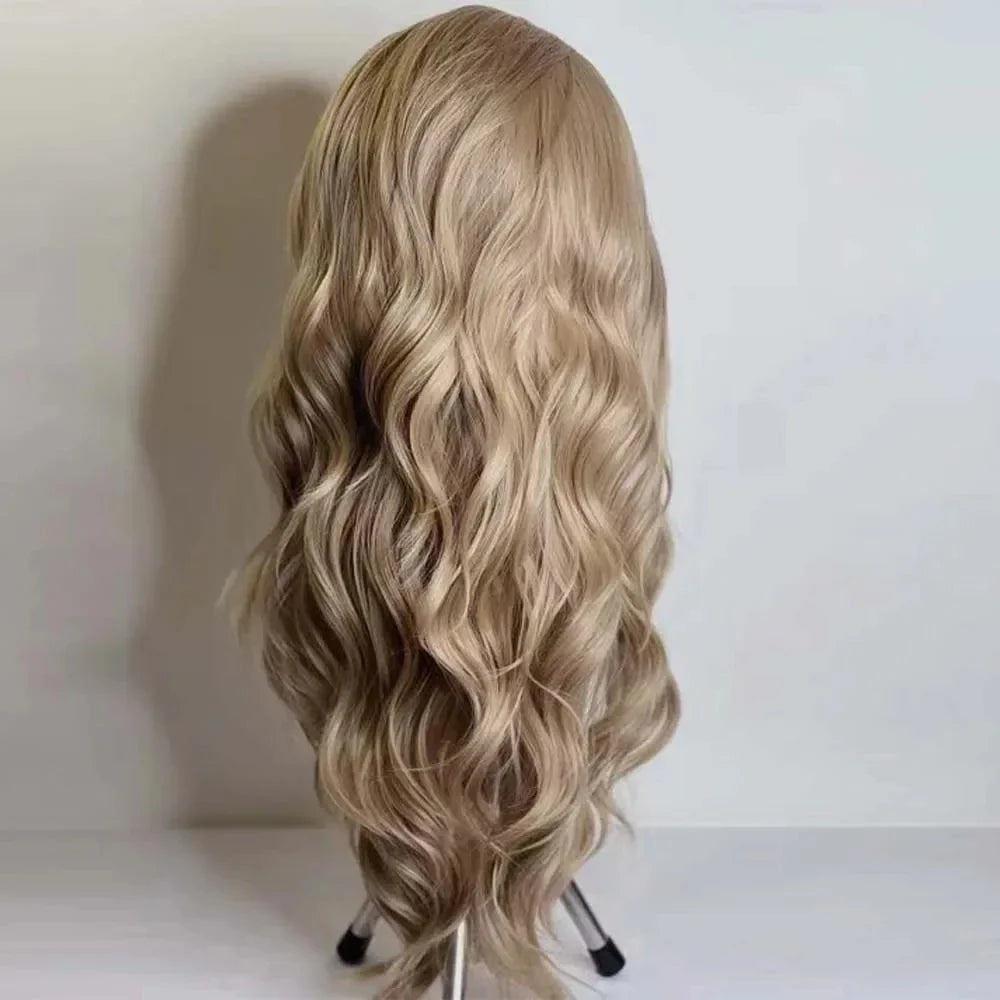 MXWIGS Ash Blonde Synthetic Lace Front Wigs with Free Part Natural Hairline Long Wave Wigs Daily Use Wigs