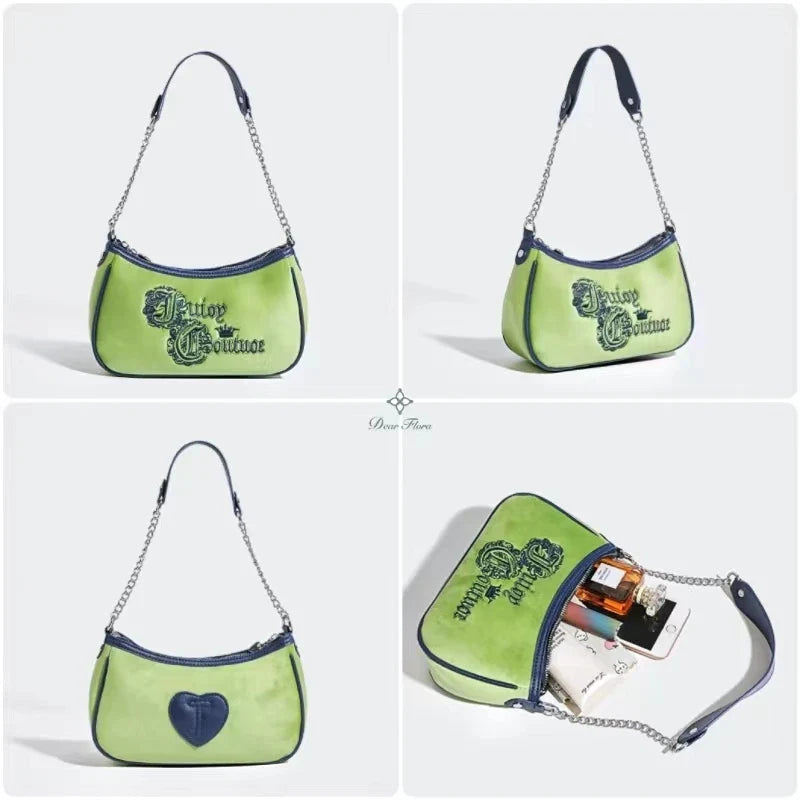 Y2K Vintage Korean Armpit Shoulder Green Underarm Tote Bag Ladies Sling Velvet Saddle Bag Women Zip Purses Party Bagutte Handbag