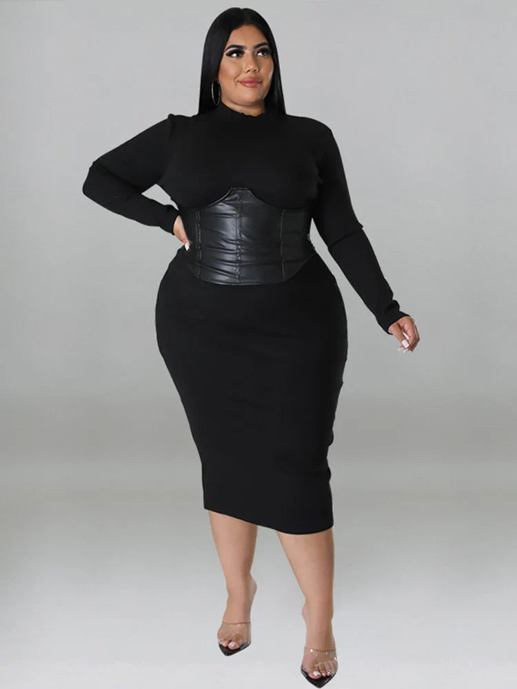 Zipper Dress Tight Ladies Mid Length Plus Size Leather Woman Dress One Piece Long Sleeved Elegant Birthday Dress Fast Express