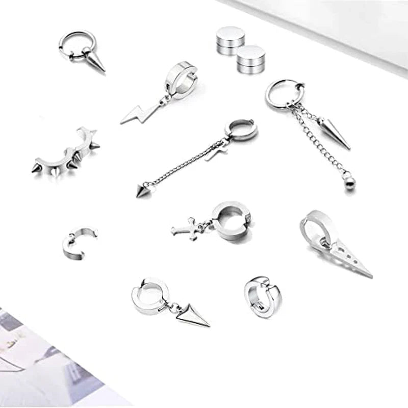 14 Pcs Steel Stainless Steel Non-Piercing Spike Rivet Cross Dangle Tassel Clip on Hoop Earrings Set for Women Men Boy Girl