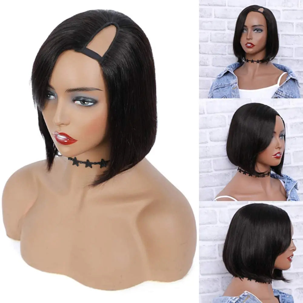 U Part Bob Wig Left Side U Part Wig Short Straight Human Hair Wigs for Black Women Brazilian Straight Bob Wigs with 180% Density