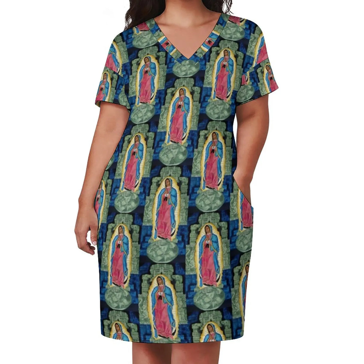 Virgin Mary Catholic Dress Short Sleeve Our Lady of Guadalupe Street Style Dresses Holiday Kawaii Casual Dress Plus Size Clothes