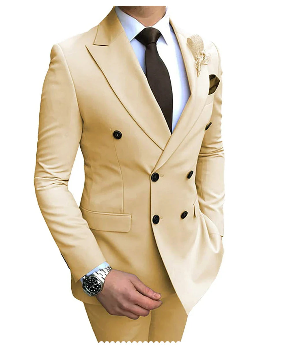 2024 New Beige Men's Suit 2 Pieces Double Breasted Notch Lapel Flat Slim Fit Casual Tuxedos For Wedding(Blazer+Pants)