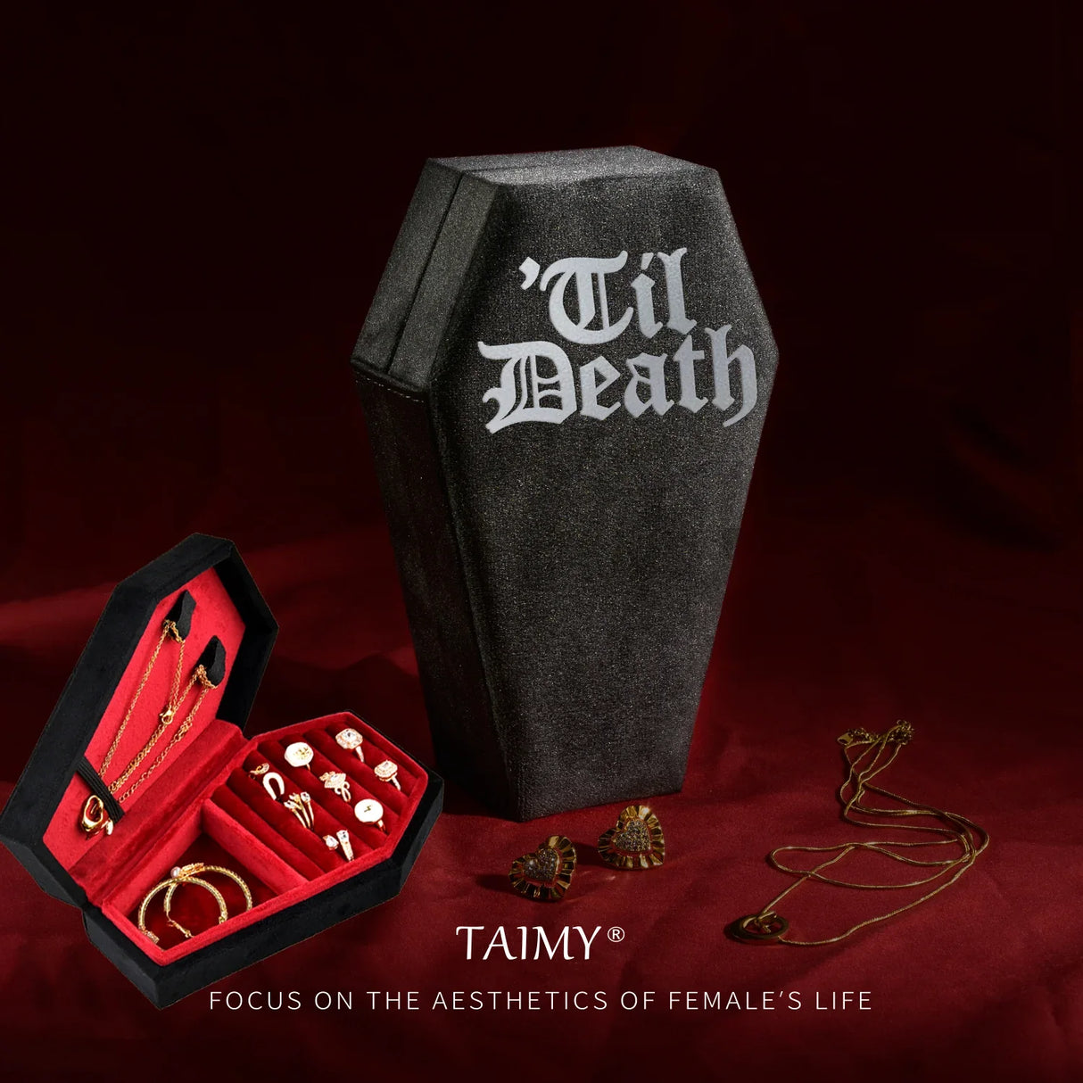 TAIMY Gothic Velvet Jewelry Coffin Shape Ring Necklace Storage Box Logo Custom Display Packaging Case Travel Hip Hop Rap Boxes