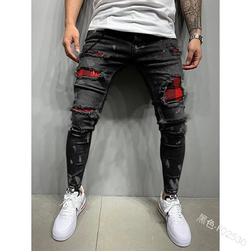 White Embroidery Jeans Men Cotton Stretchy Ripped Skinny Jeans High Quality Hip Hop Black Hole Slim Fit Oversize Denim Pants