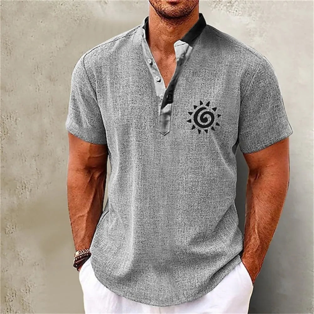 Summer Men Henley Shirt Short Sleeve Tops 3d Sun Graphic Clothing Fashion Designer Apparel Streetwear Mens Hawaiian Shirts 2023