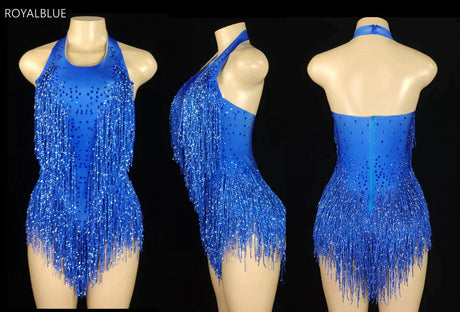 Sparkly Crystals Fringes Bodysuit Sexy Tassel Leotard Jazz Dance Costume One-piece Stage Wear Dancer Performance Show Clothing