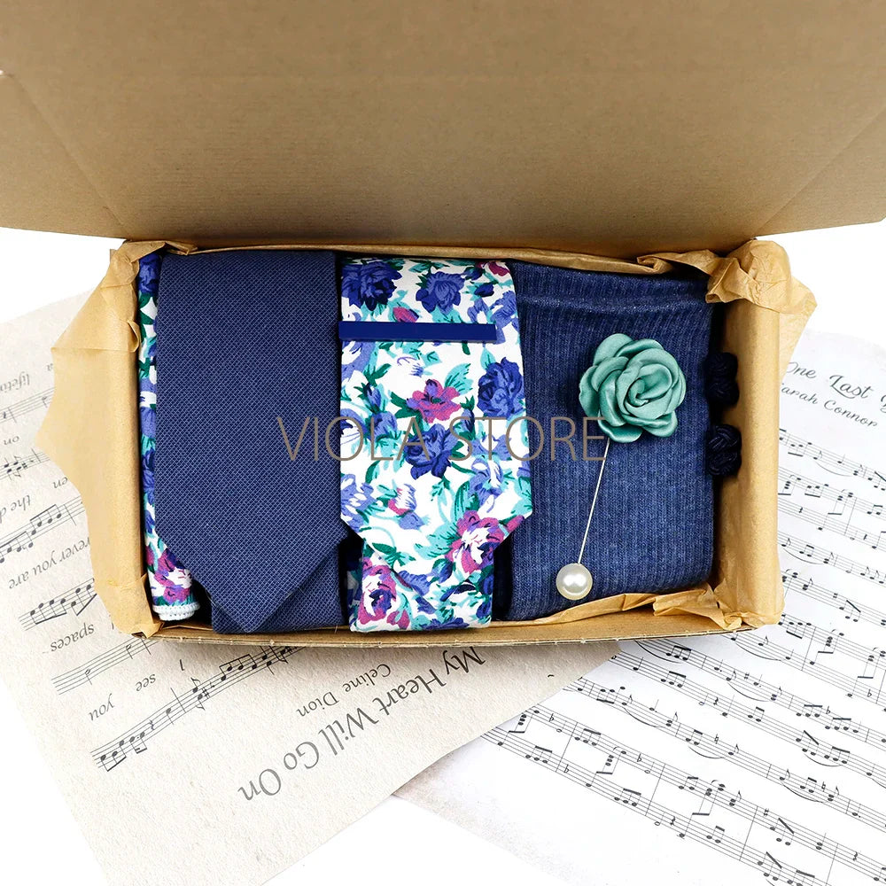 Viola Design Gift Box Hot Solid Floral Cotton Sock Necktie Set Clip Cufflinks Pin Hanky Men Wedding Party Daily Cravat Accessory