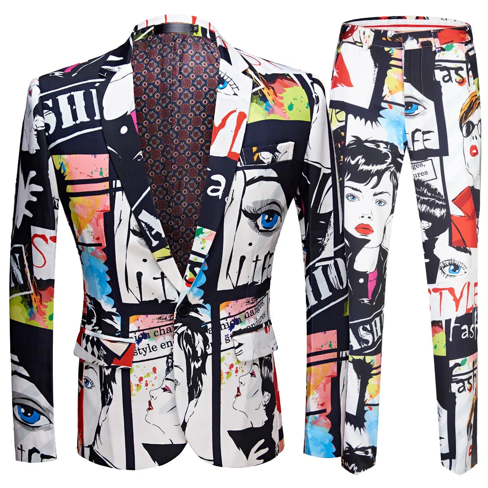 Mens Fashion Print 2PCS Set Casual Plus Size Hip Hot Male Slim Fit Suits Man Singer Wedding Costume Club Party Coat Jacket Pants