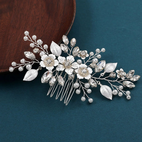 Silver Color Flower Hair Comb Clip Girls Handmade Alloy Pearl Hairpin Bridal Tiaras Wedding Hair Accessory Crystal Hair Jewelry