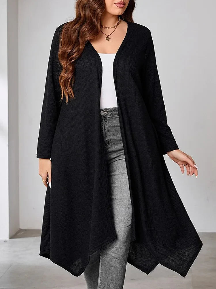 GIBSIE Plus Size Black Casual Long Cardigan Women Spring Fall Loose Long Sleeve Open Front Outwear Top Female with Pockets