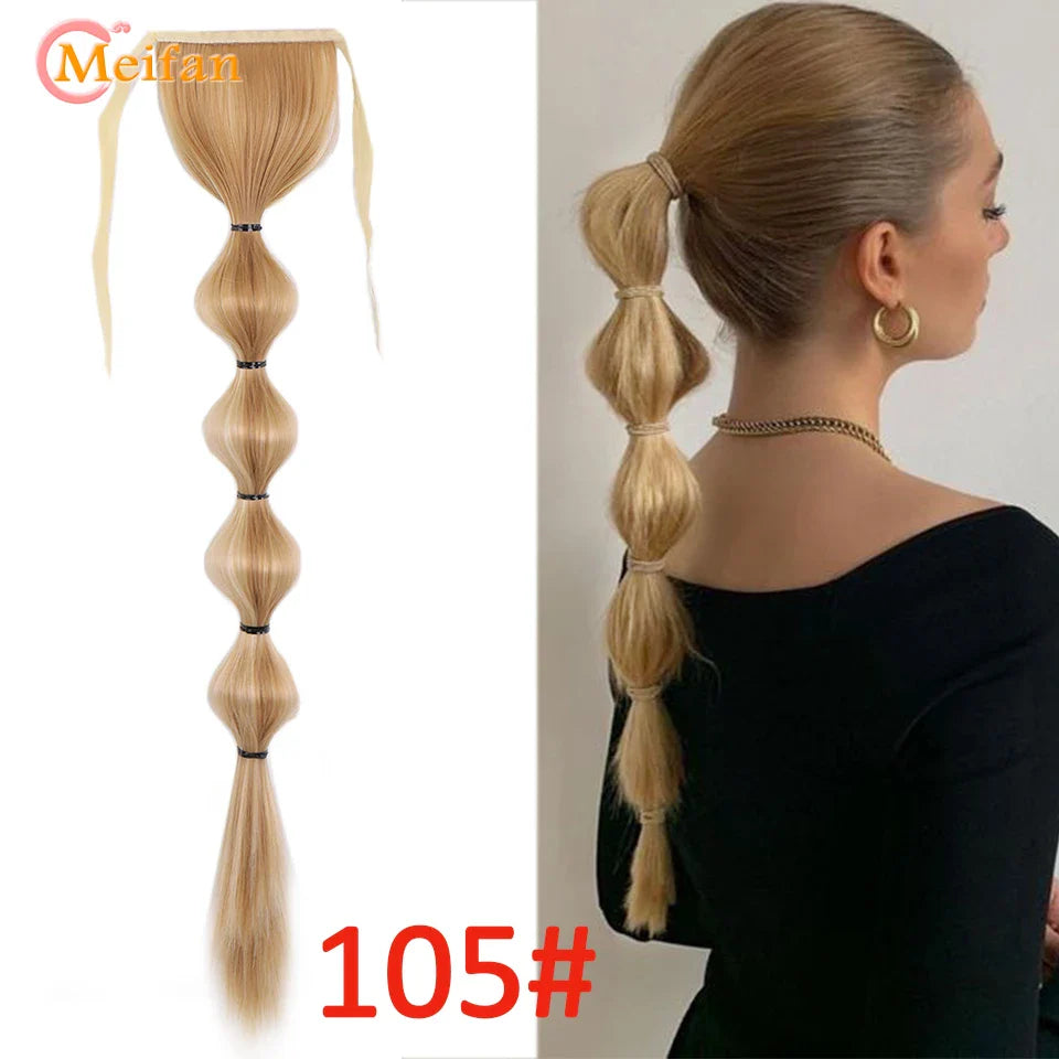 MEIFAN Synthetic Long Hair Lantern Bubble Ponytail Clip in Drawstring Brown Bubble Braids Natural Fake Pony Tail Hair Extensions