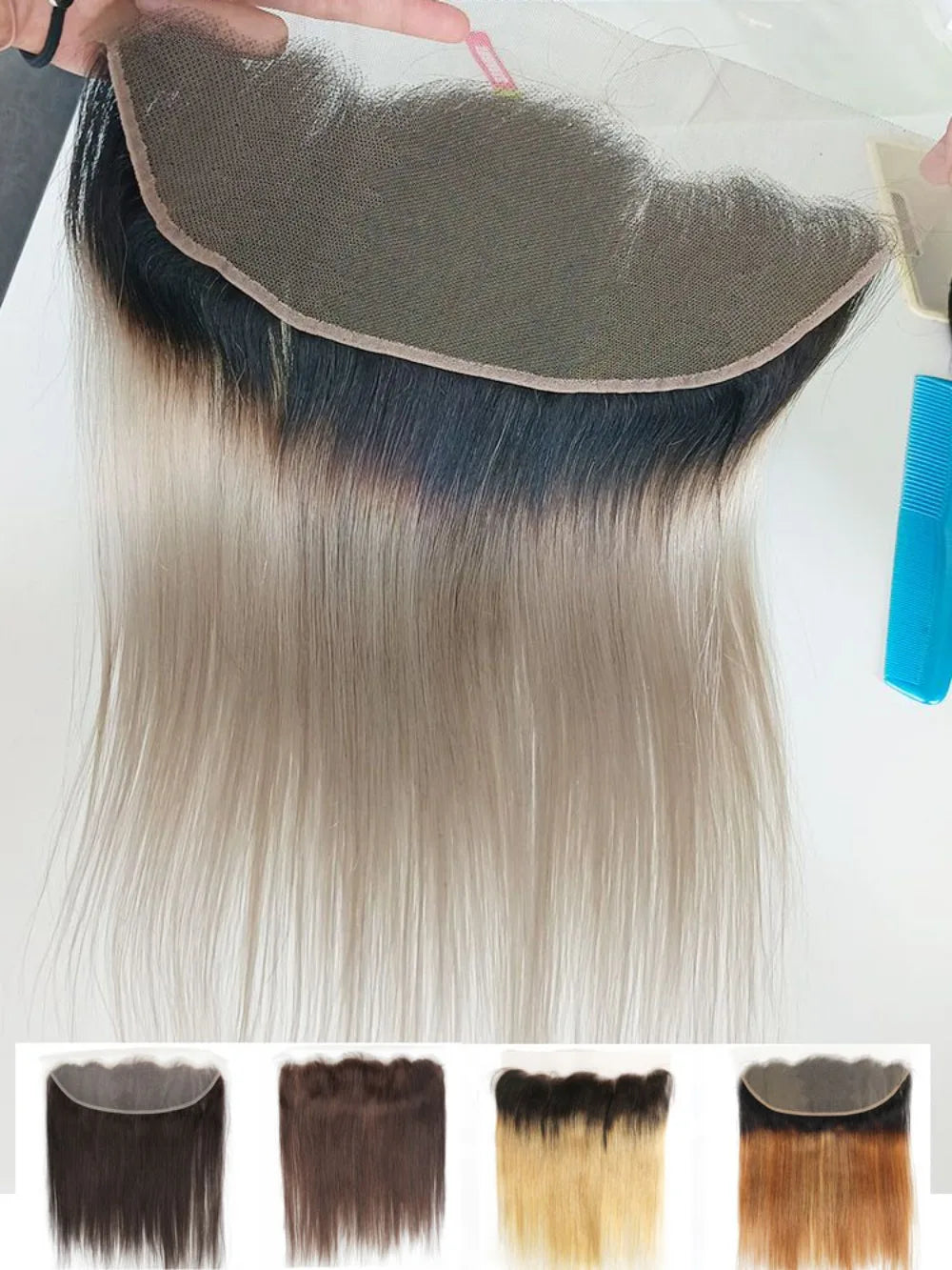 13x4 Lace Frontal Transparent Lace Pre-Plucked Black Brown Grey Straight Remy Human Hair Ombre 1B 613 Platinum Blonde MogulHair