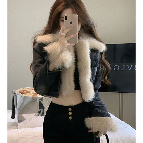 GIDYQ Patchwork Fur Collar Denim Jacket Women Y2k Streetwear Motorcycle Short Coat Vintage Long Sleeve Casual Outerwear New