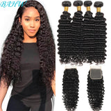 12A Brazilian Deep Wave Human Hair Bundles With 4X4 Transparent Lace Closure With Bundles 3/4 Bundle Virgin Hair Weave Extension