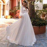 Sevintage Chiffon Long Puff Sleeves Wedding Dress Boho Appliques Lace Beach Bride Gowns O-Neck Court Train Bridal Party Dress