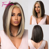 Brown Blonde Short Straight Synthetic Hair Wigs with Bangs for Women Golden Highlight Bob Wigs Cosplay Natural Heat Resistant