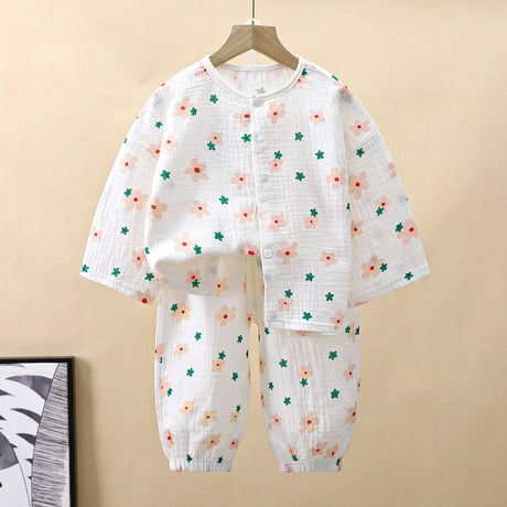 Kids Summer Thin Pajamas Sets New 2023 Boys Girls Cartoon Three-quarter Sleeve Cotton Yarn Shirt Tops with Pants Baby Loungewear