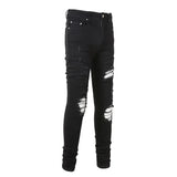 Men Cracked Silver Leather Patch Biker Jeans Streetwear Skinny Tapered Stretch Denim Pants Holes Ripped Patchwork Black Trousers